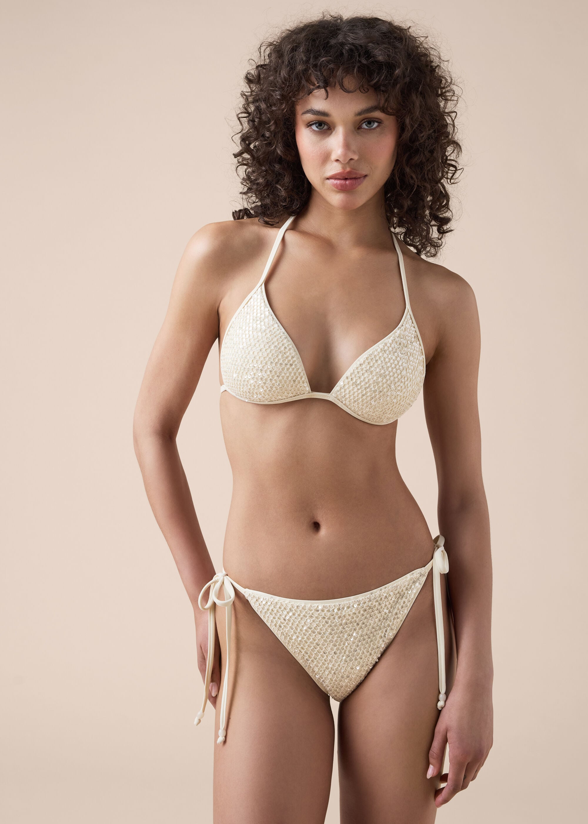 Padded Triangle Swimsuit Top Sequin Net