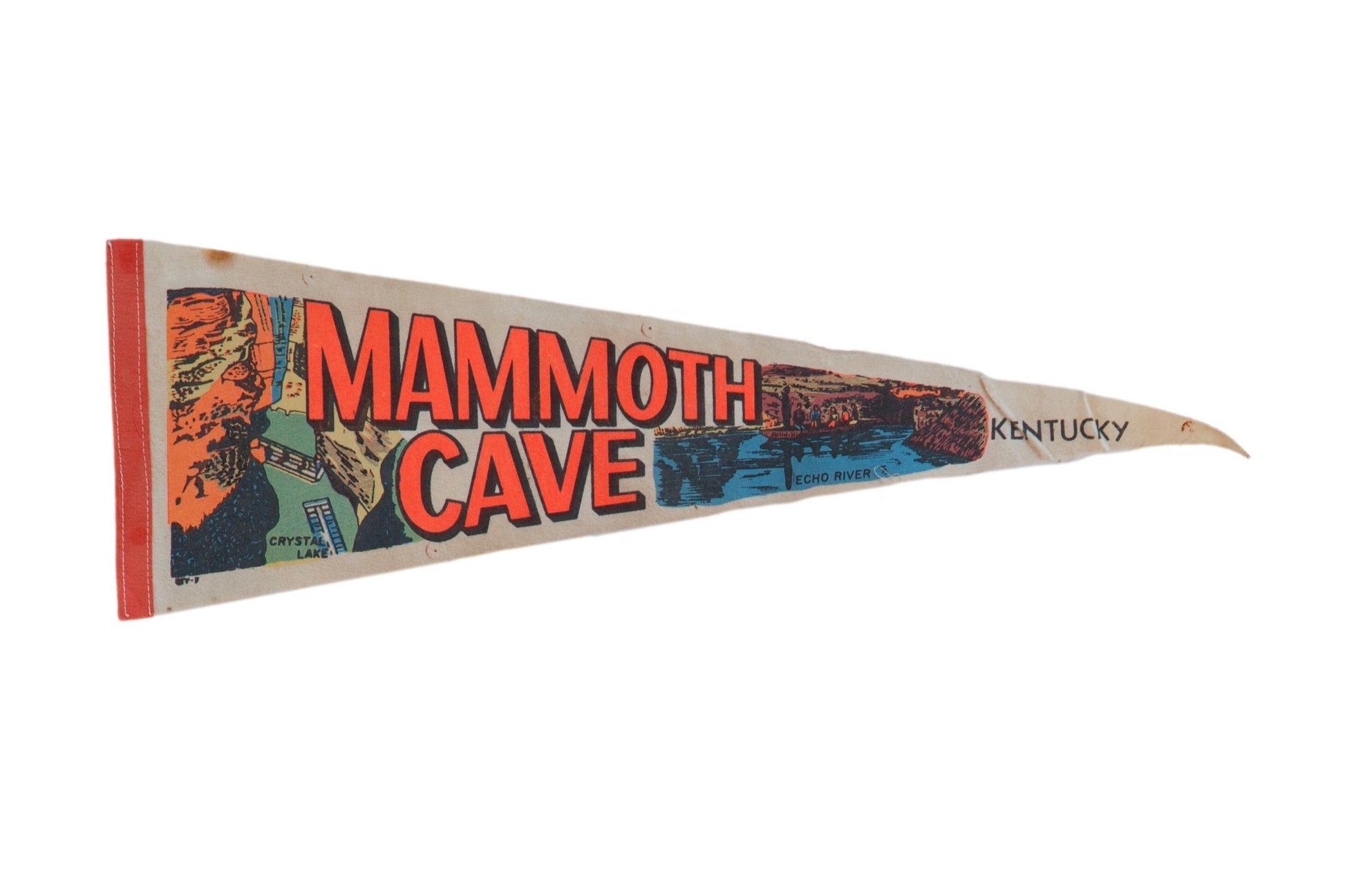 Vintage Mammoth Cave Kentucky felt pennant with an illustrated design and red trim.