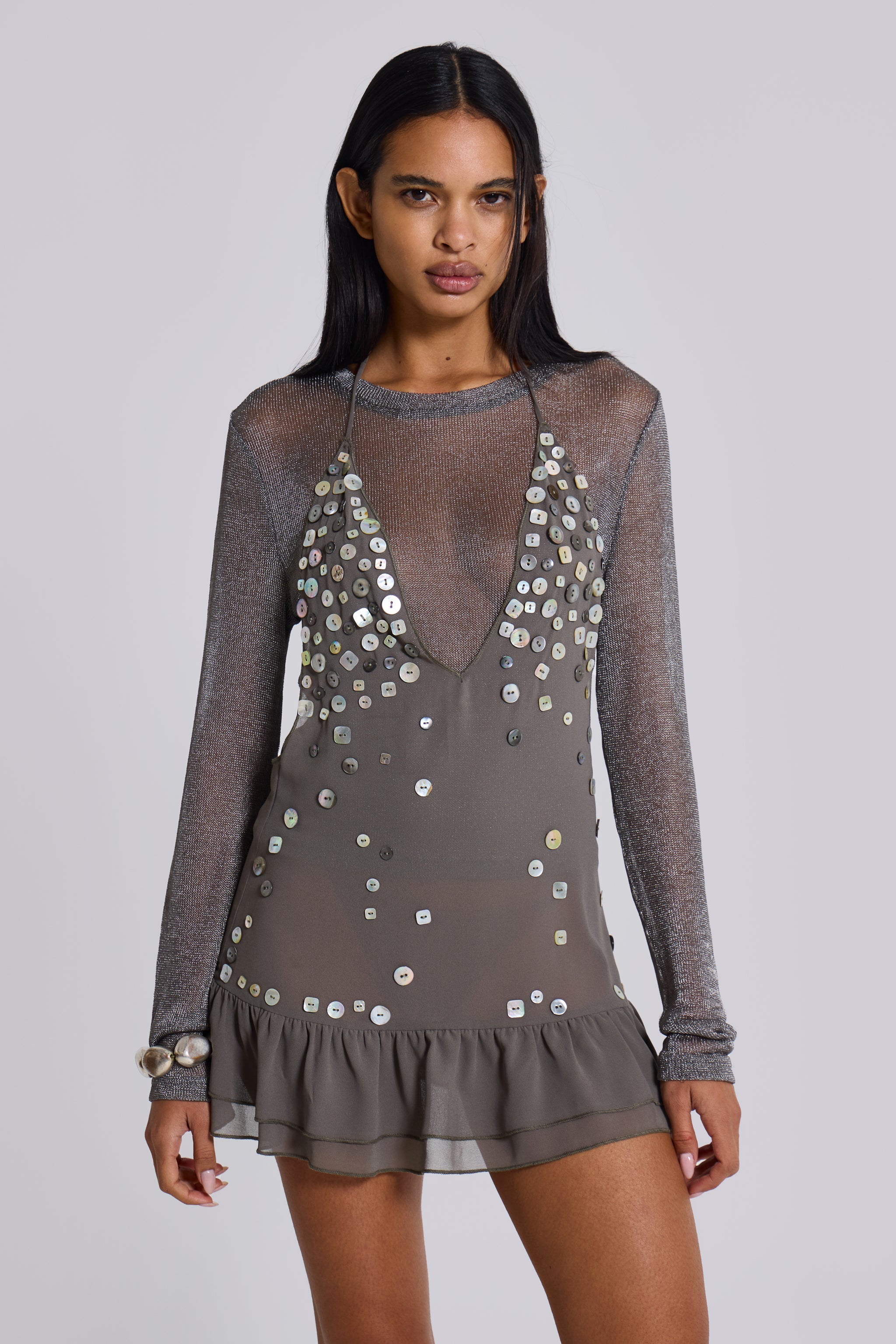 Button Me Up Mini Dress in Grey