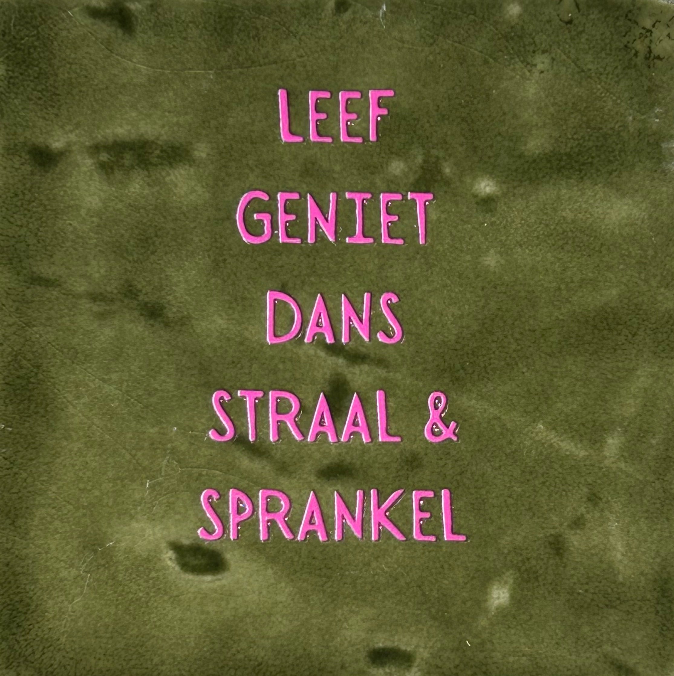 Quote tegeltje 'leef geniet dans straal en sprankel' olijf/roze