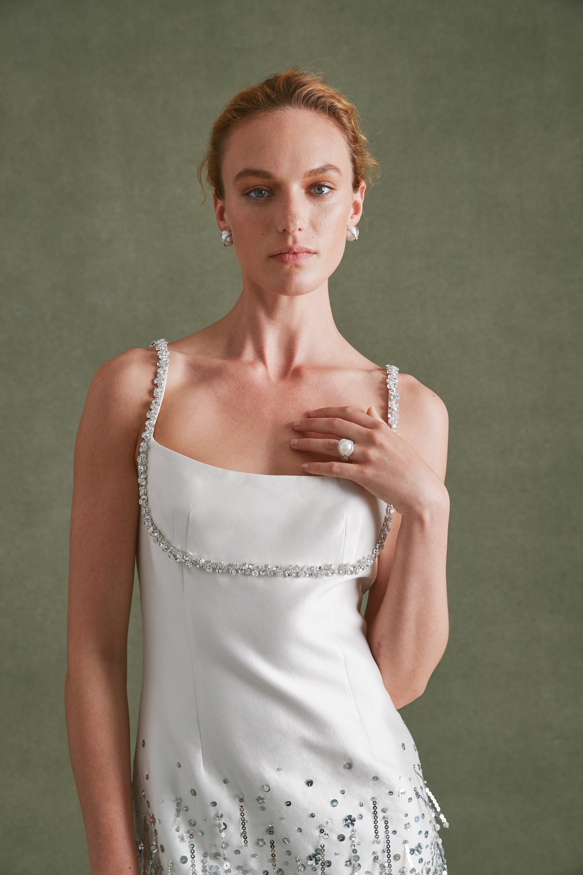 Alexandra Pijut Stella Dress in ivory silk wool with silver fringe and beading. Bridal, bride, after party, rehearsal dinner outfit.