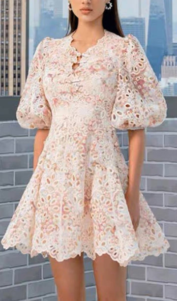 Puff Sleeves Cut-out Backless Floral Mini Dress
