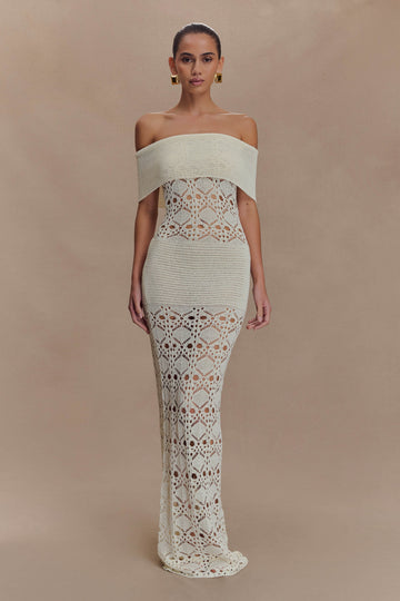Solstice Off Shoulder Crochet Knit Maxi Dress - Ivory