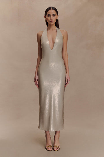 Carnation Sequin Halter Midi Dress - Gold