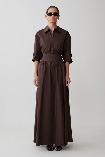 Isolde Long Sleeve Cotton Maxi Dress - Dark Chocolate