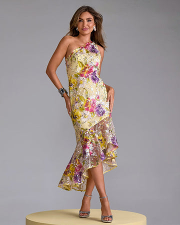 One Shoulder Sequin Mesh Sheath Dress Pale Banana Multi