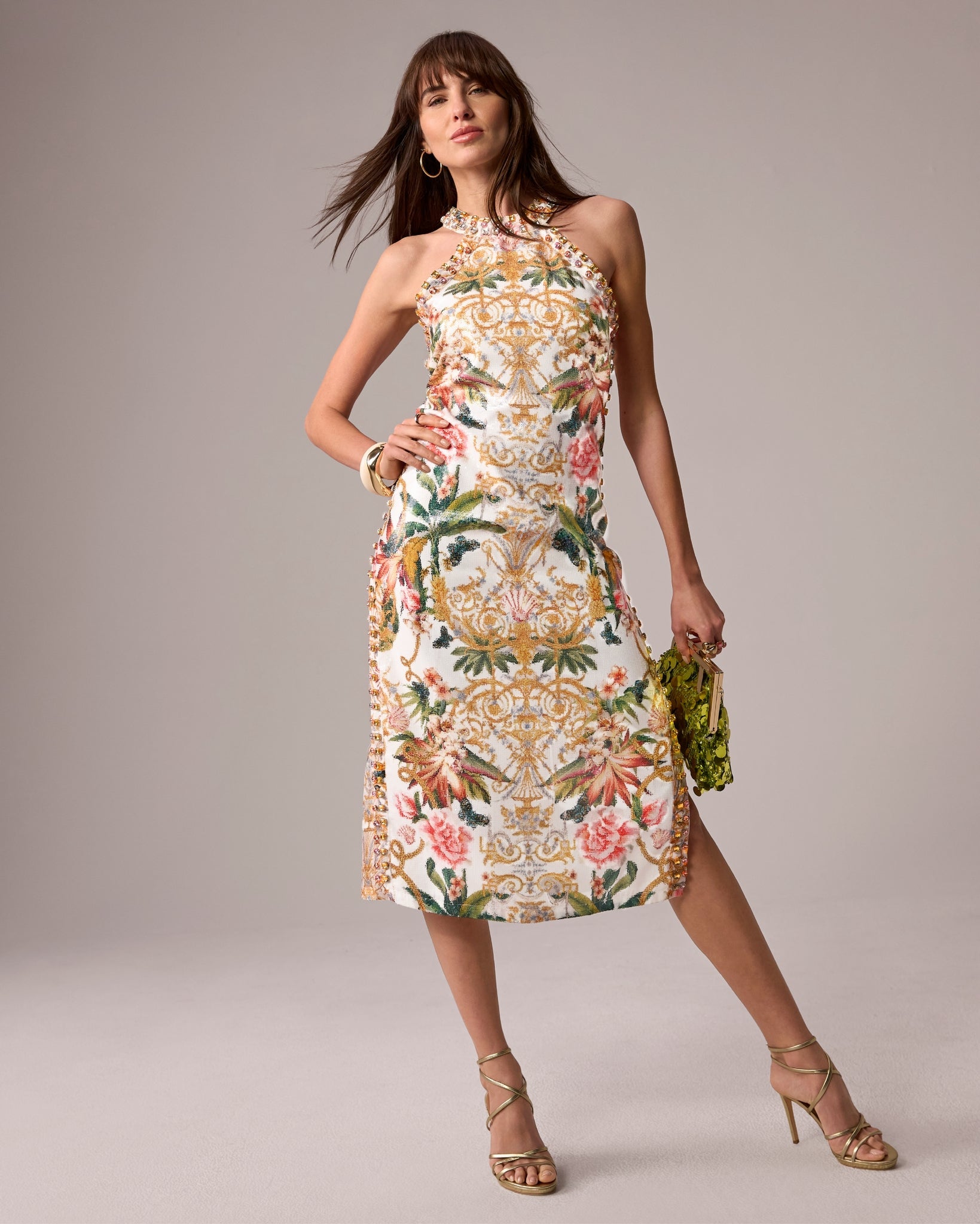 High Neck Printed Gem & Sequin Sheath Dress Vacation at the Lotus