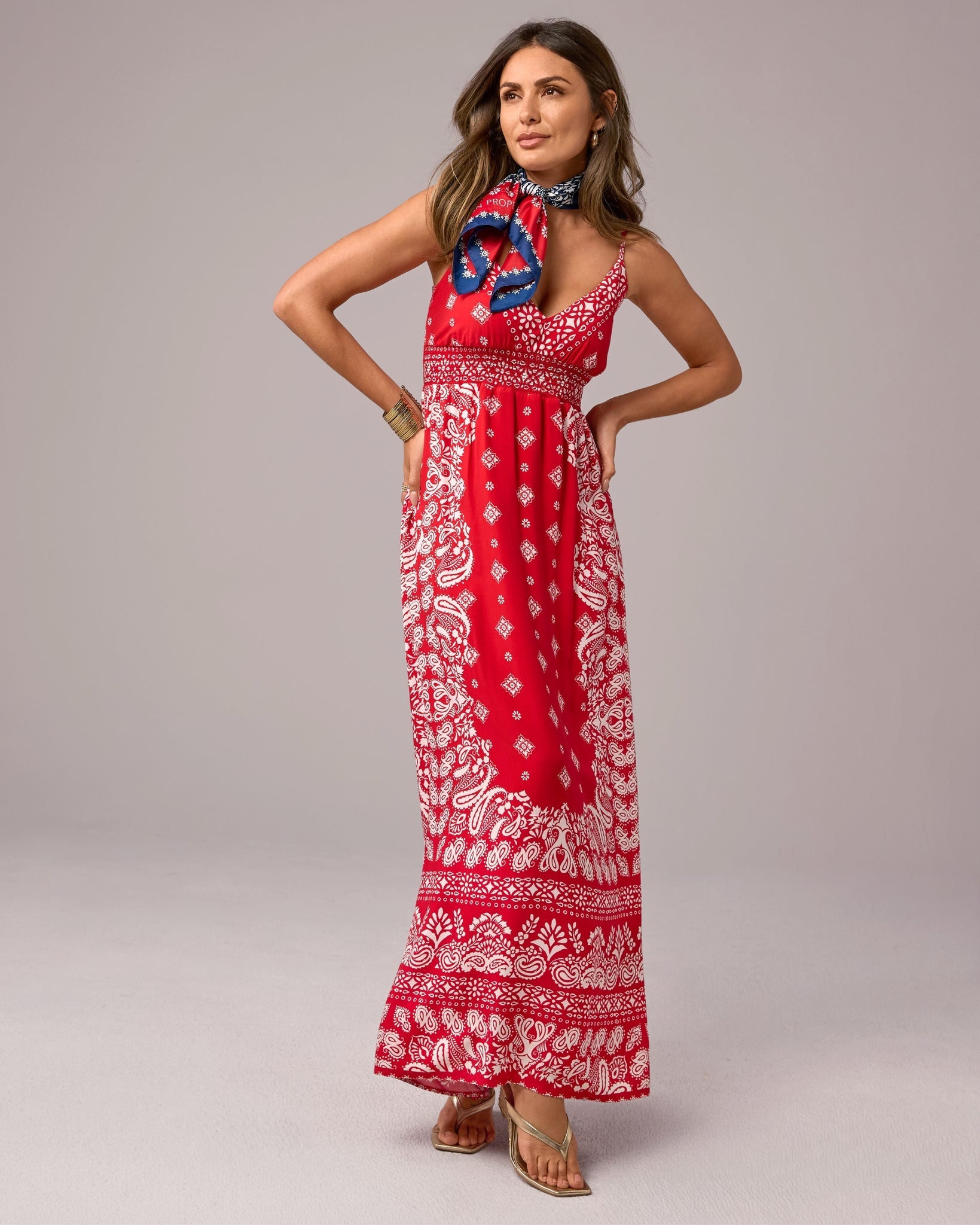 Print Maxi Dress with Empire Waistband Traditional Bandana