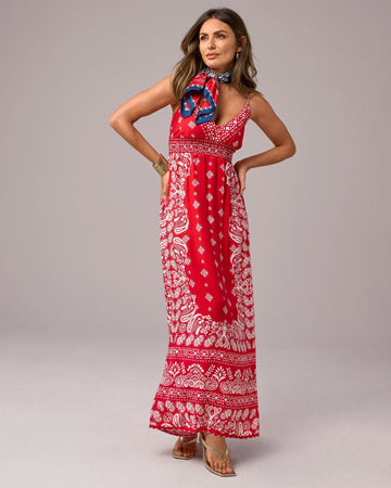 Print Maxi Dress with Empire Waistband Traditional Bandana