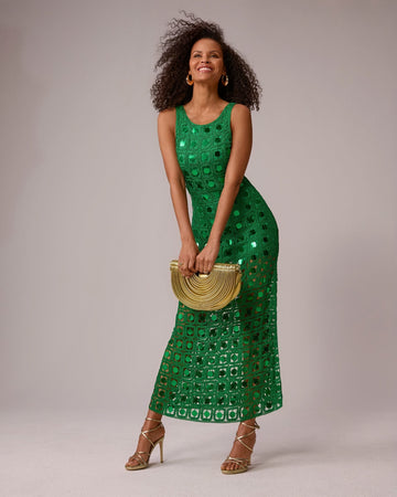 High Neck Crochet Mirror Maxi Dress Monaco Green