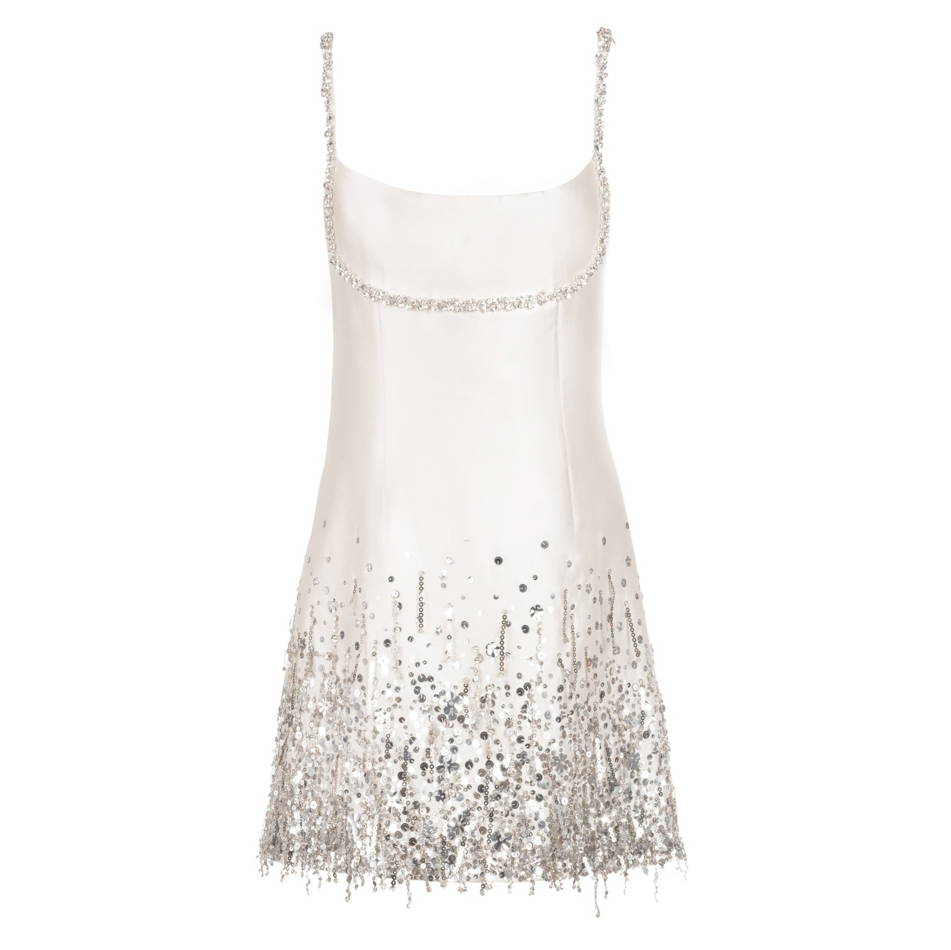 Alexandra Pijut Stella Dress in ivory silk wool with silver fringe and beading. Bridal, bride, after party, rehearsal dinner outfit.