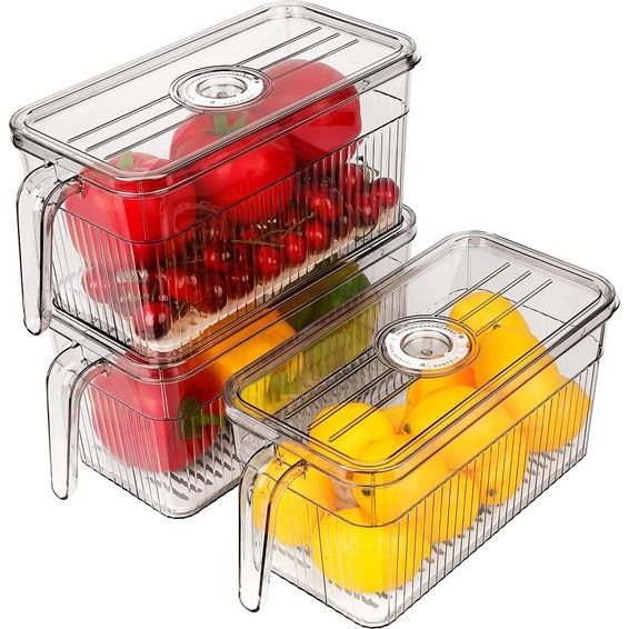 Koelkastorganizer, 3-delige set, koelkastopbergdoos, stapelbaar met deksel en handvat, opbergsysteem voor koelkast, groenten en fruit voor keuken, koelkast, kasten, BPA-vrij