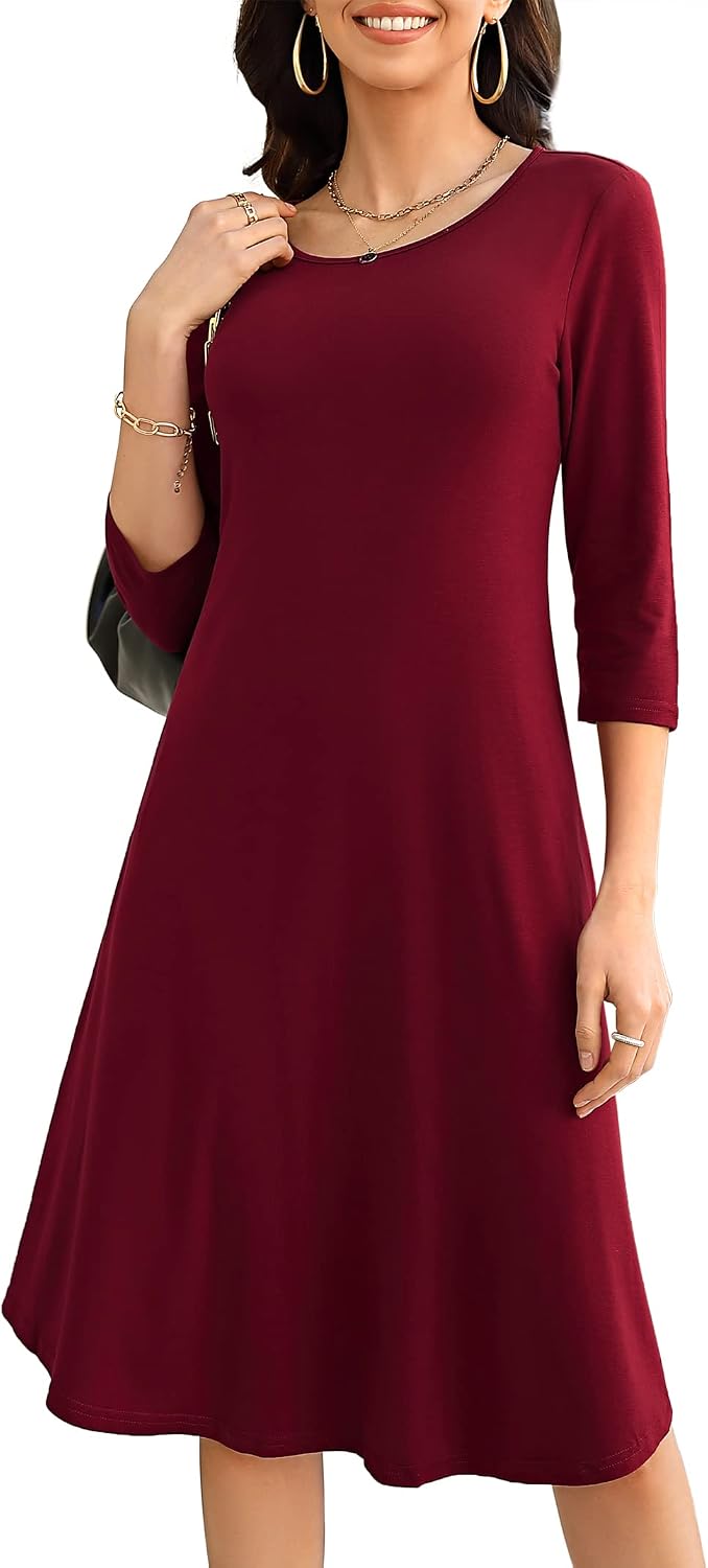 MISSKY Casual Dress for Women, 3 4 Long Sleeve Pocket Knee Length Loose Swing Dress(XXL,Wine)