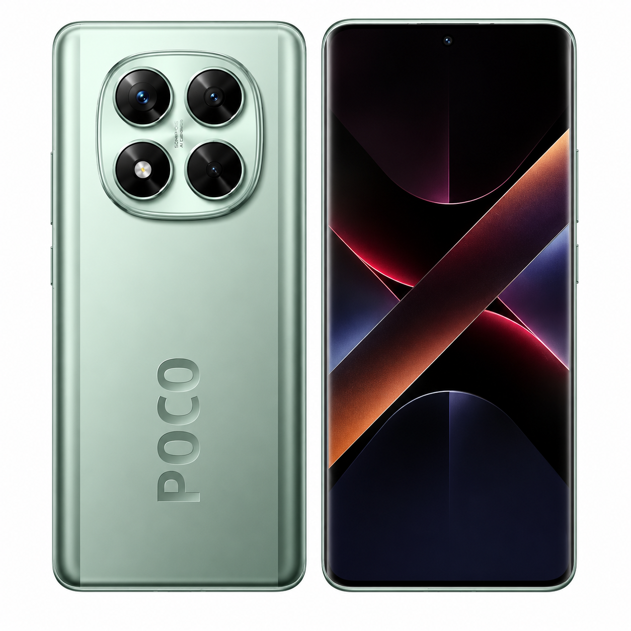 Xiaomi Poco X7 5G Mint green smartphone showing rear camera module and dark front screen