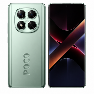 Xiaomi Poco X7 5G Mint green smartphone showing rear camera module and dark front screen