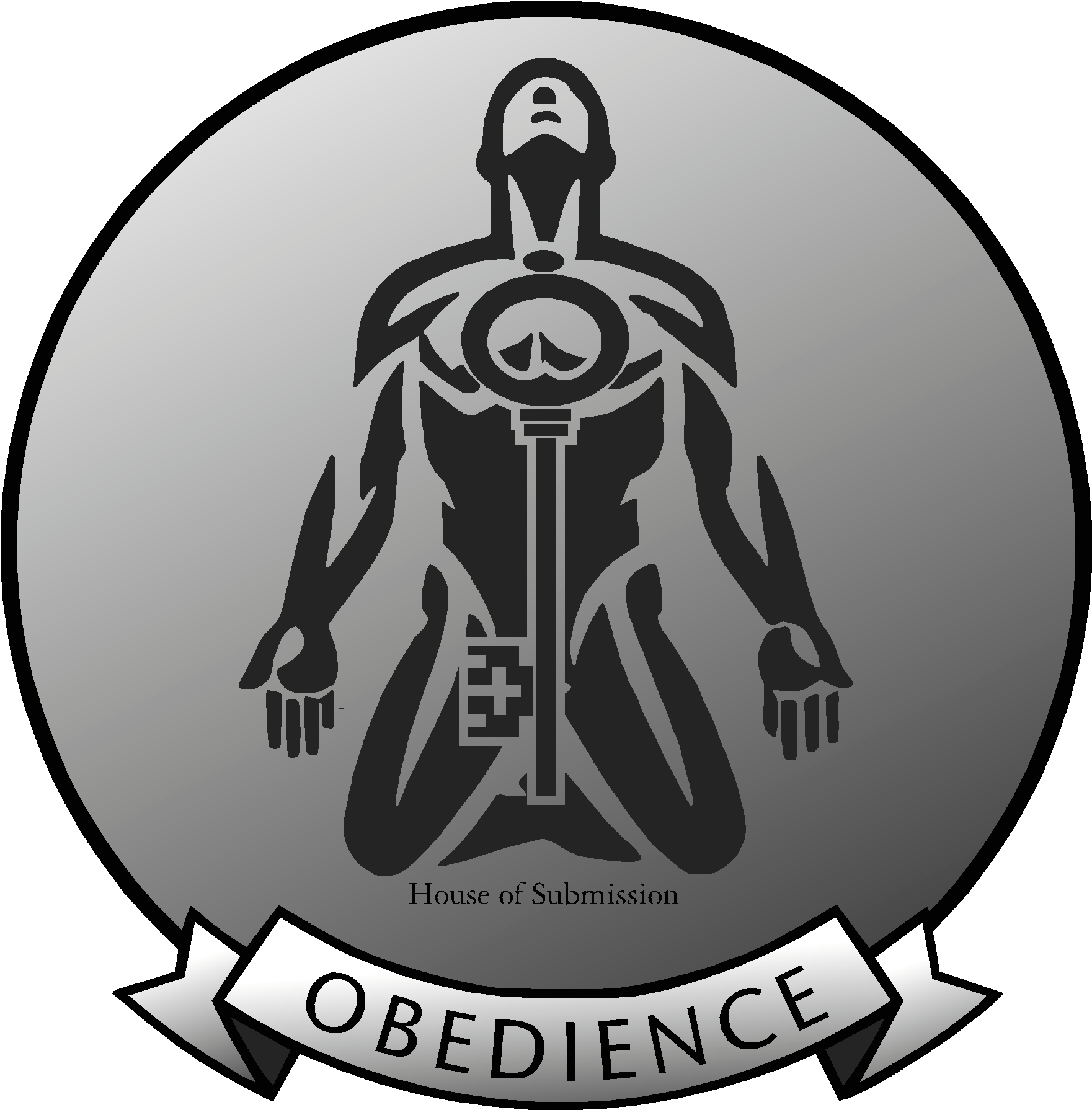 Logo with a stylized figure and 'Obedience' text on a silver background