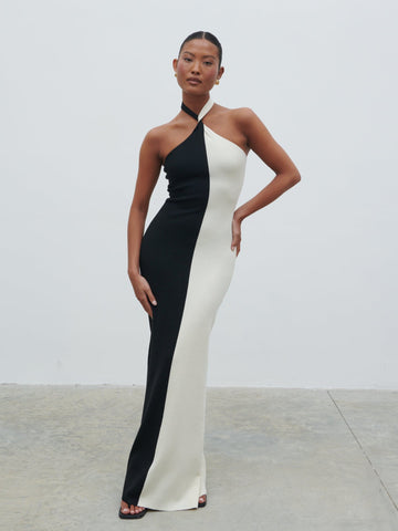 Elle Is 5'3" & Wears Size UK XS|Berkley Contrast Knit Maxi Dress - Cream and Black