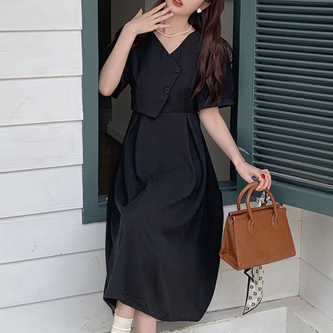 デューリリー Dewlily パフスリーブワンピース 韓国ファッション 10代 20代 30代 アシンメトリー 可愛い 華奢見え効果 Aライン カジュアル 半袖 無地 リボン （ピンク） ピンク
