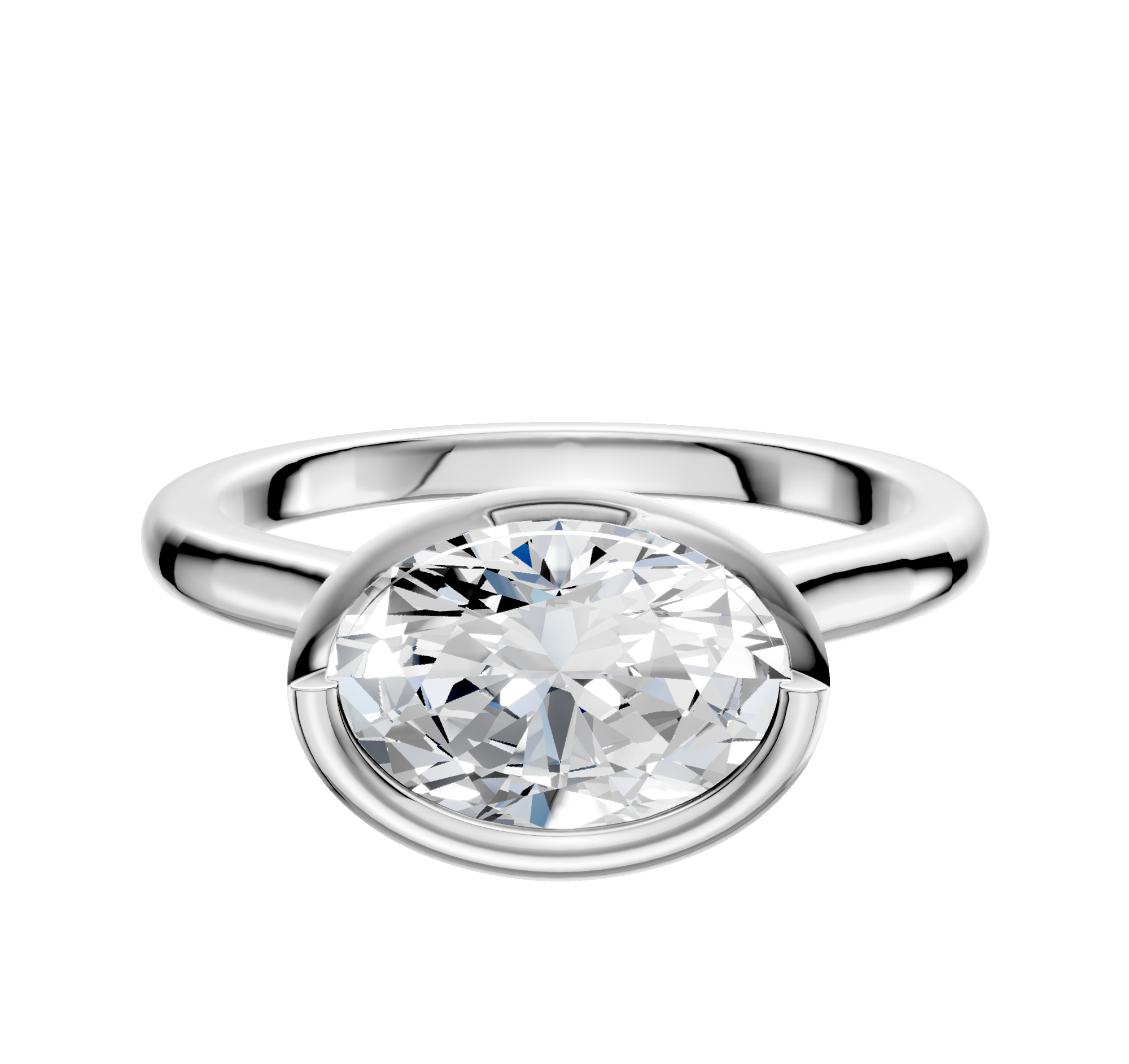 A platinum engagement ring with a polished 2.0mm cathedral dome band, featuring a large, round, clear diamond set in a full bezel east/west setting against a plain white background.