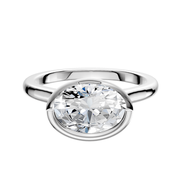 A platinum engagement ring with a polished 2.0mm cathedral dome band, featuring a large, round, clear diamond set in a full bezel east/west setting against a plain white background.