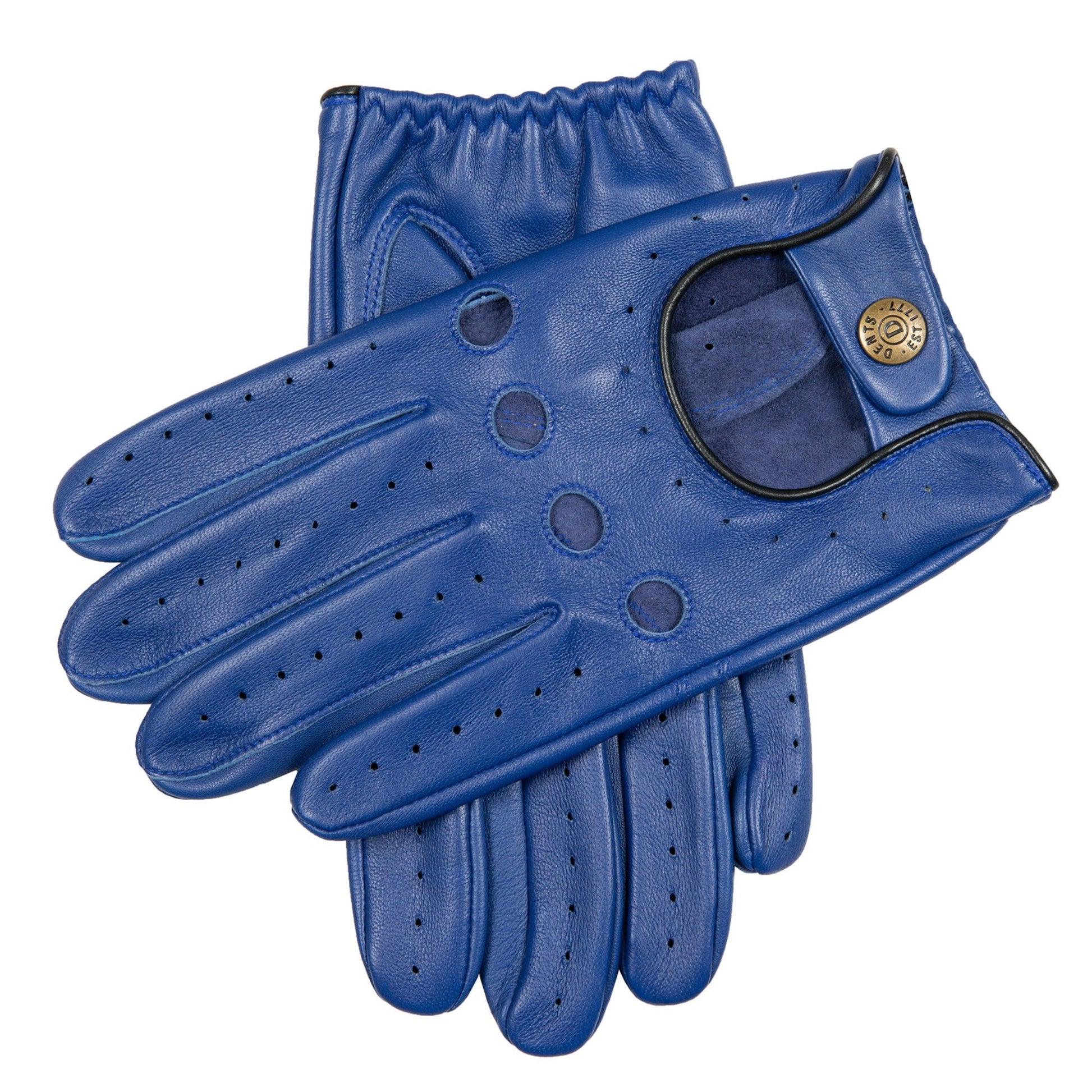 Men's leather driving gloves in royal blue/black