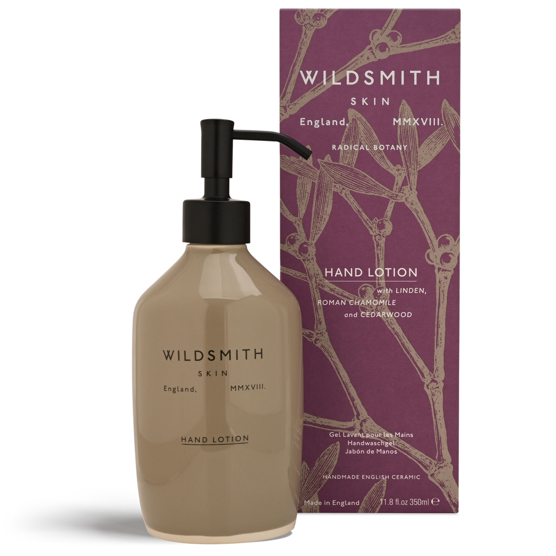 Hand lotion bottle with pump and packaging featuring 'Wildsmith' branding on a white background.