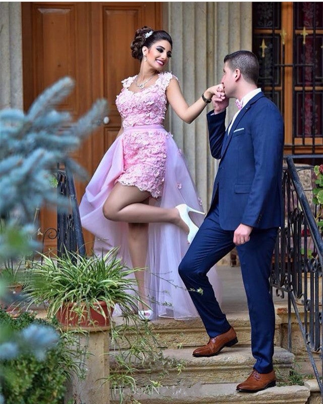 Pink Lace Cap Sleeves Prom Short Dresses With Removable Skirt