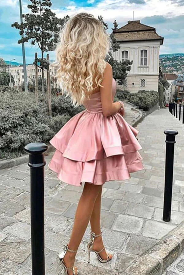 Pink Satin A-line One Shoulder Homecoming Dresses, Short Party Dresses, MH542 | homecoming dress | dress for homecoming | school event dresses | www.musebridals.com