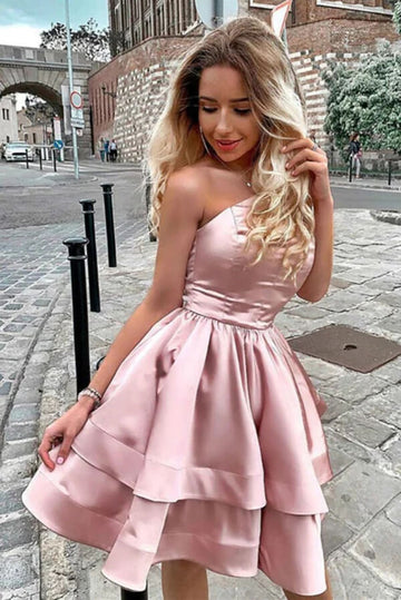​Pink Satin A-line One Shoulder Homecoming Dresses, Short Party Dresses, MH542 | pink homecoming dresses | short prom dresses | homecoming dance | www.musebridals.com