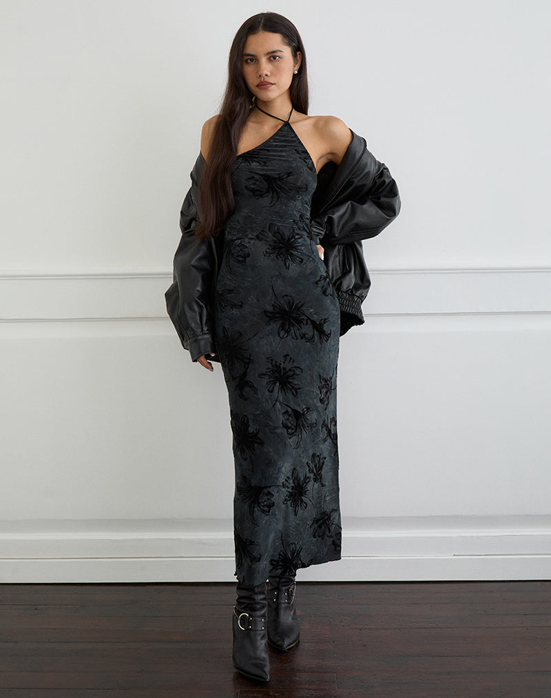 Rikaya Maxi Dress in Burn Velvet Grey