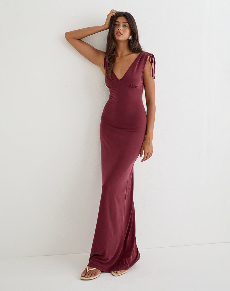 Sanyu Plunge Maxi Dress in Cupro Burgundy