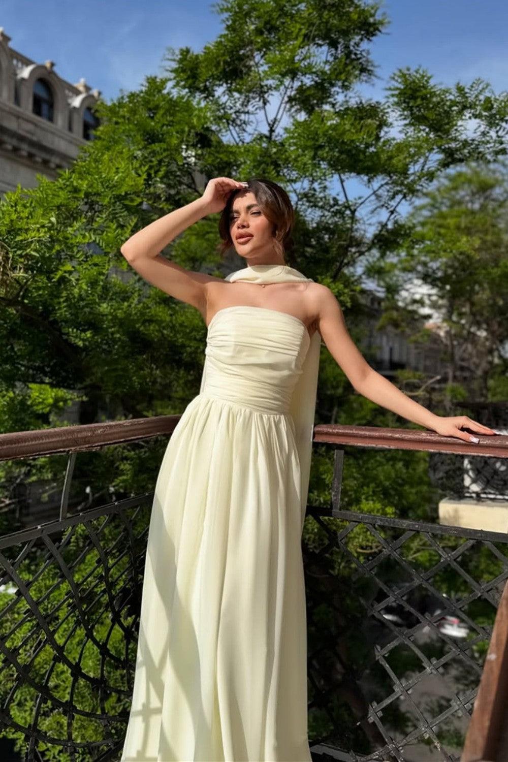 Strapless A-Line Chiffon Long Prom Dress With Scarf Detail Formal Evening Gown