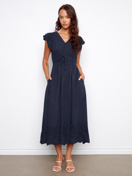 FINAL SALE Charlie B C3251 V-Neck Elastic Waist Dress w/ Ruffle Cap Sleeve