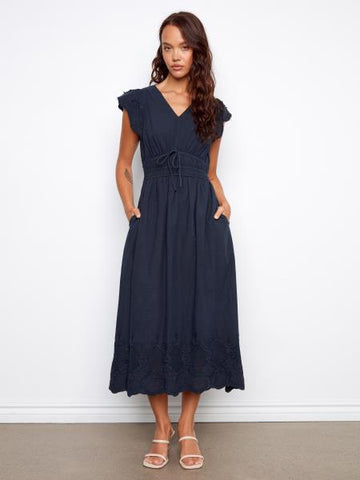 FINAL SALE Charlie B C3251 V-Neck Elastic Waist Dress w/ Ruffle Cap Sleeve