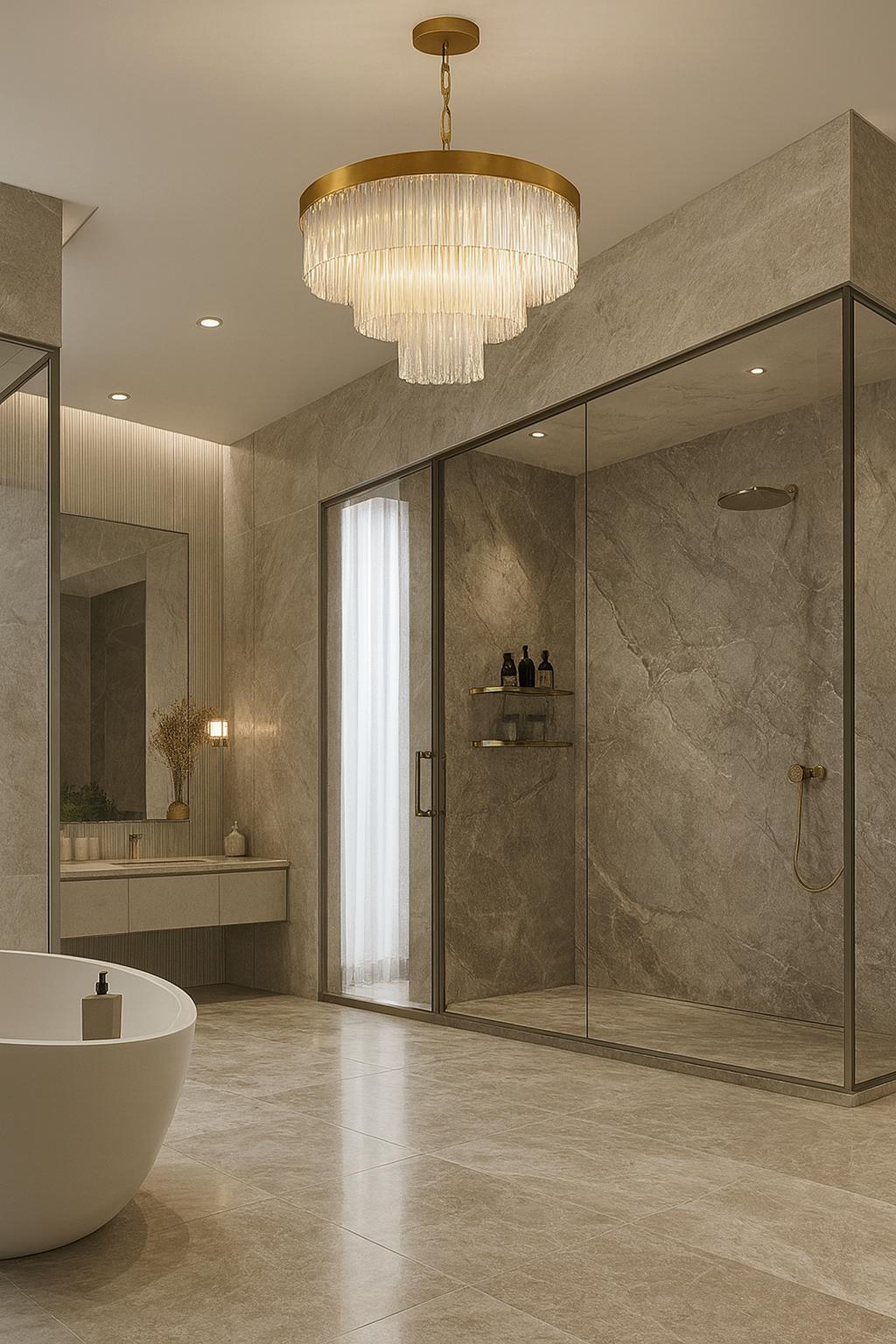Modern bathroom with a glass satin brass chandelier, bathtub, and shower area.