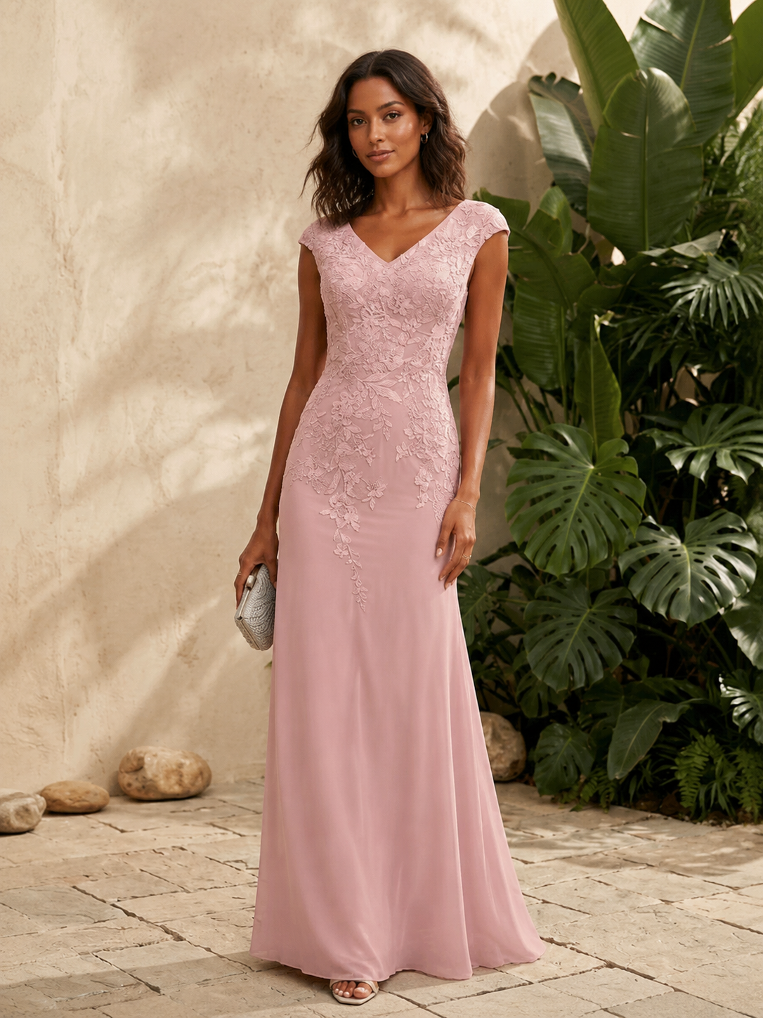Chiffon A Line V Neck Lace Appliques Corset Formal Dresses for Women