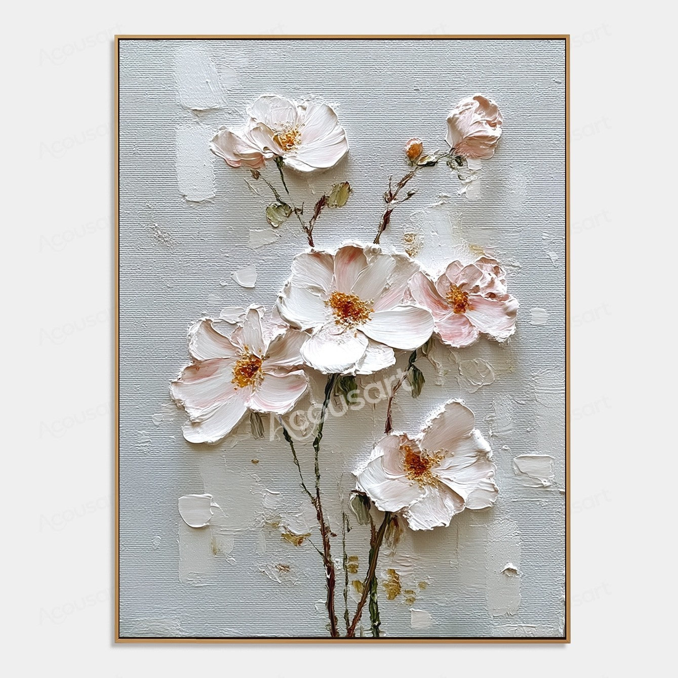 Blush pink and white textured floral wall art with gold flower centers and brown stems on a pale blue-gray background