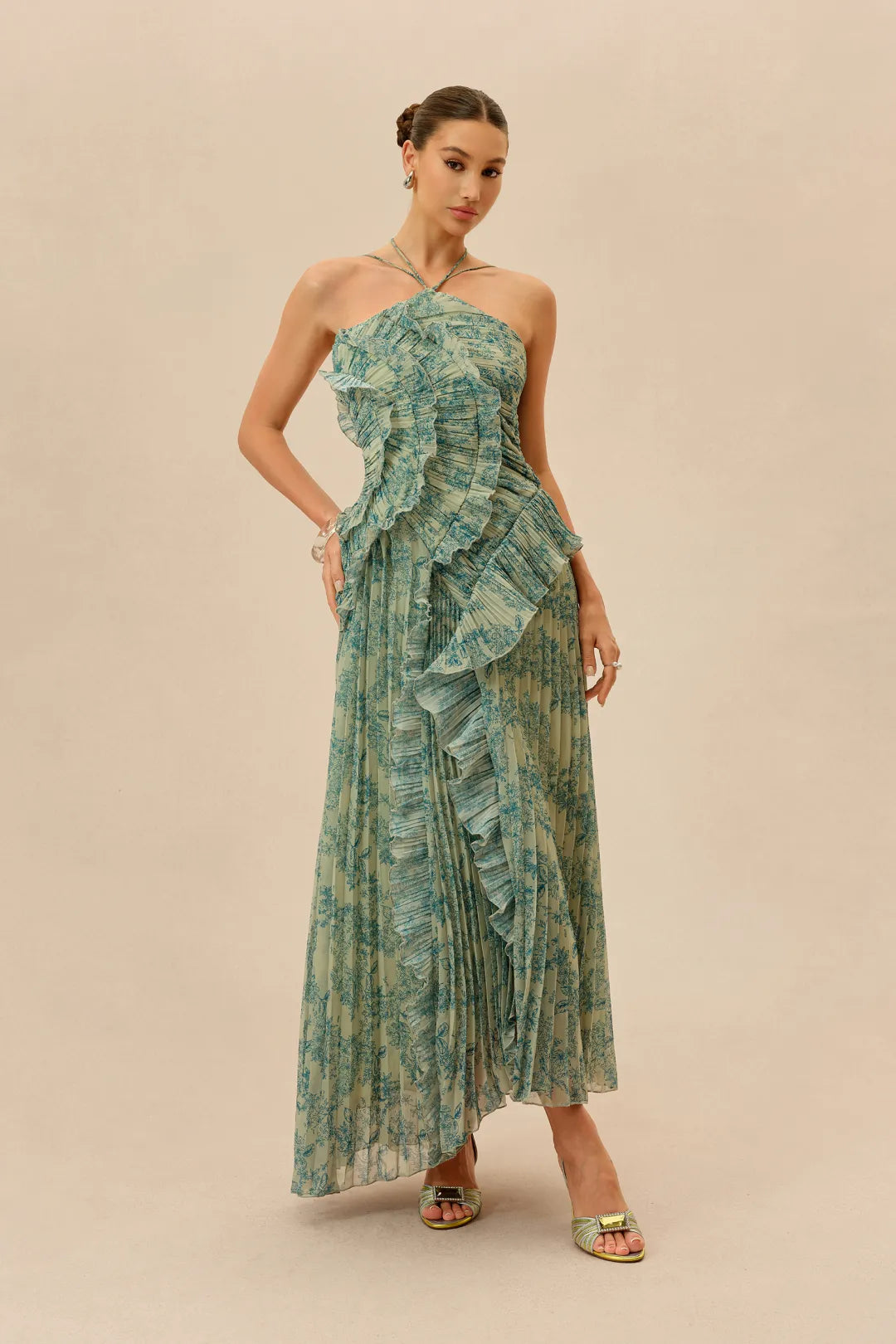 First Impression Dark Green Floral Print Ruffle Trim Maxi Dress