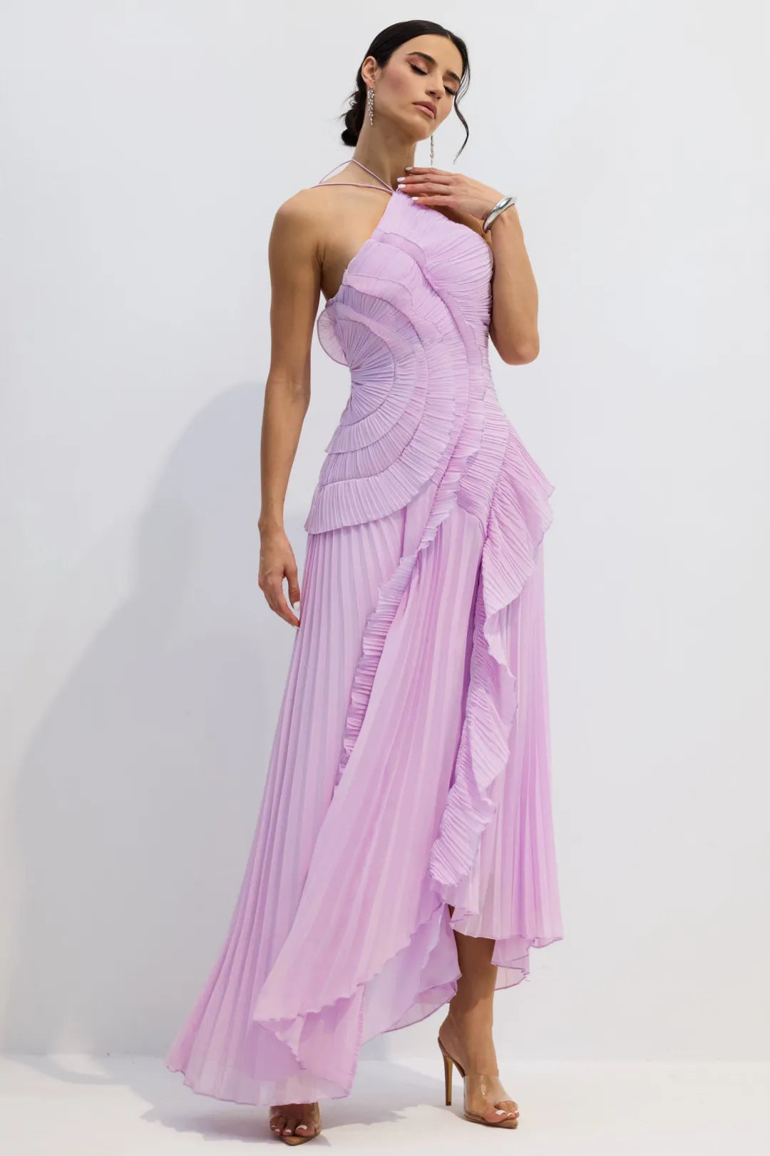 Nina Asymmetry Pleated Halterneck Midi Dress