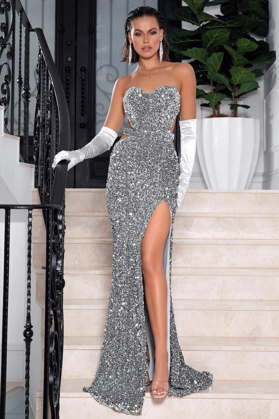 STUD SILVER EVENING DRESS-danddclothing-Classic Elegant Gowns,Evening Dresses,Long