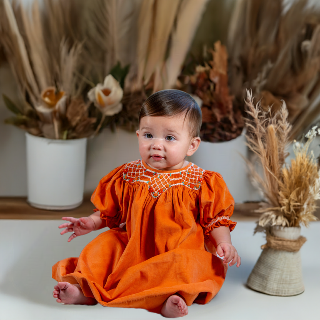 Orange Corduroy Geo Smocked Short Sleeve Bishop Dress