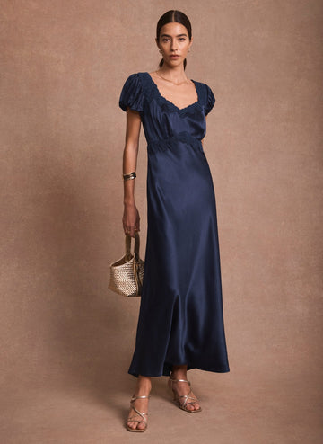Navy Lace Detail Satin Midi Dress