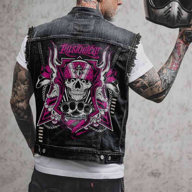 Punk Bandana Skull Print Lapel Ripped Denim Vest 01 | Gthic.com