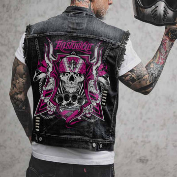 Punk Bandana Skull Print Lapel Ripped Denim Vest 01 | Gthic.com
